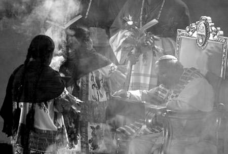 A black and white photograph of the Zapotec blessing for John Paul II